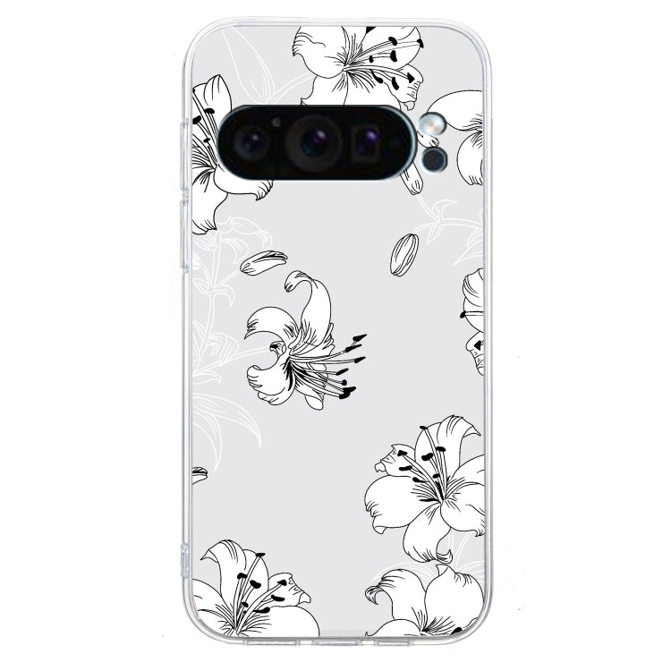 For Google Pixel 9 Colored Drawing Pattern Transparent TPU Phone Case(White Flower)