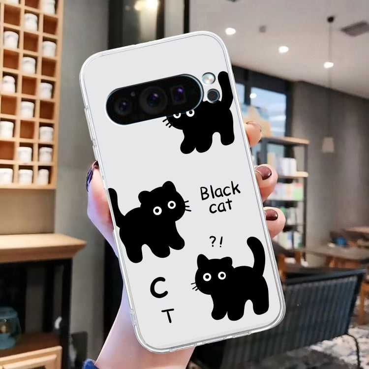 For Google Pixel 9 Colored Drawing Pattern Transparent TPU Phone Case(Black Cat)