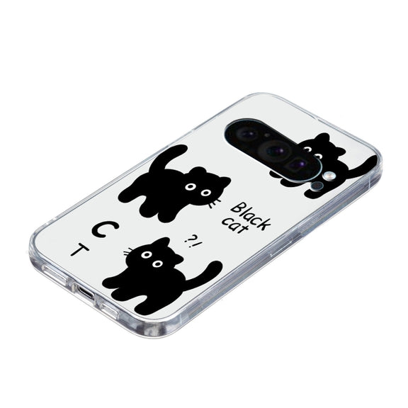 For Google Pixel 9 Colored Drawing Pattern Transparent TPU Phone Case(Black Cat)