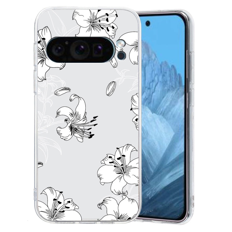 For Google Pixel 9 Pro Colored Drawing Pattern Transparent TPU Phone Case(White Flower)