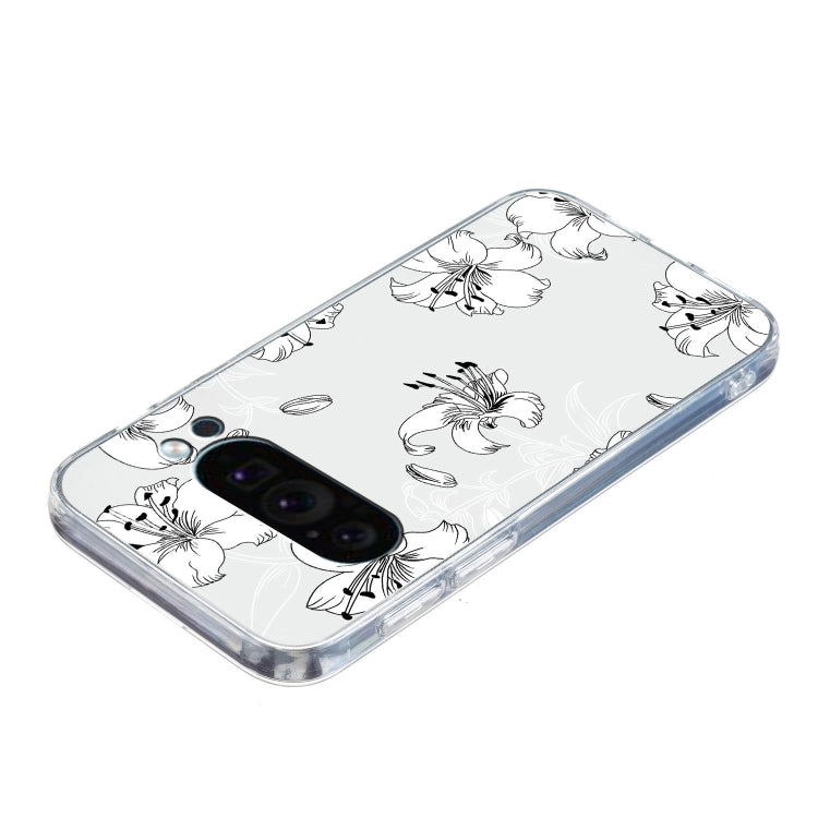 For Google Pixel 9 Pro Colored Drawing Pattern Transparent TPU Phone Case(White Flower)