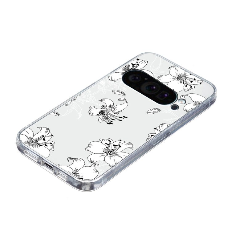For Google Pixel 9 Pro Colored Drawing Pattern Transparent TPU Phone Case(White Flower)