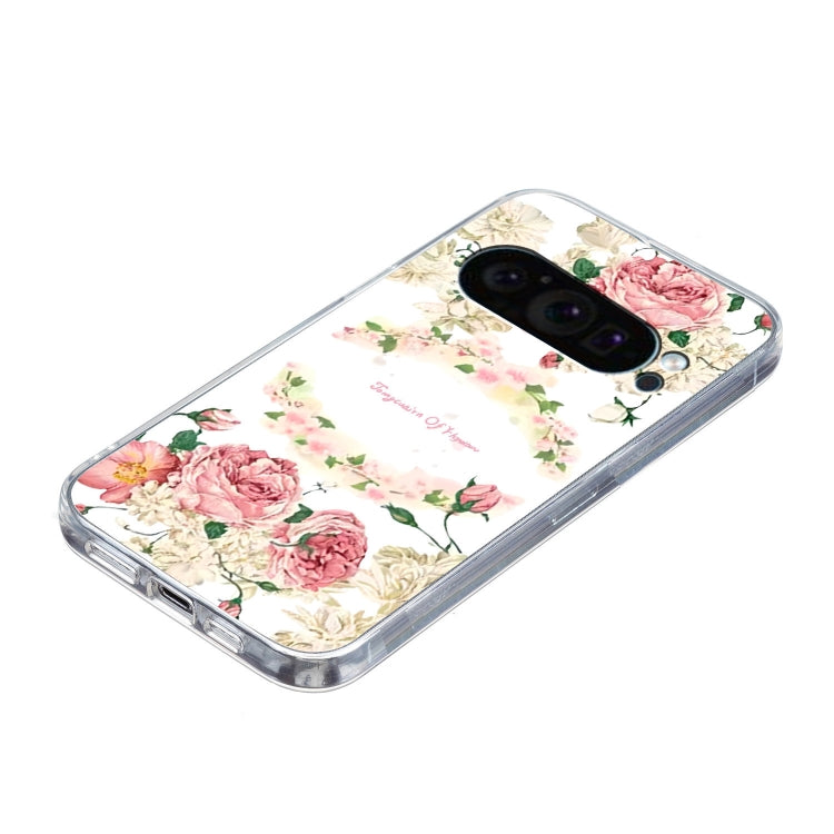 For Google Pixel 9 Pro Colored Drawing Pattern Transparent TPU Phone Case(Rose)