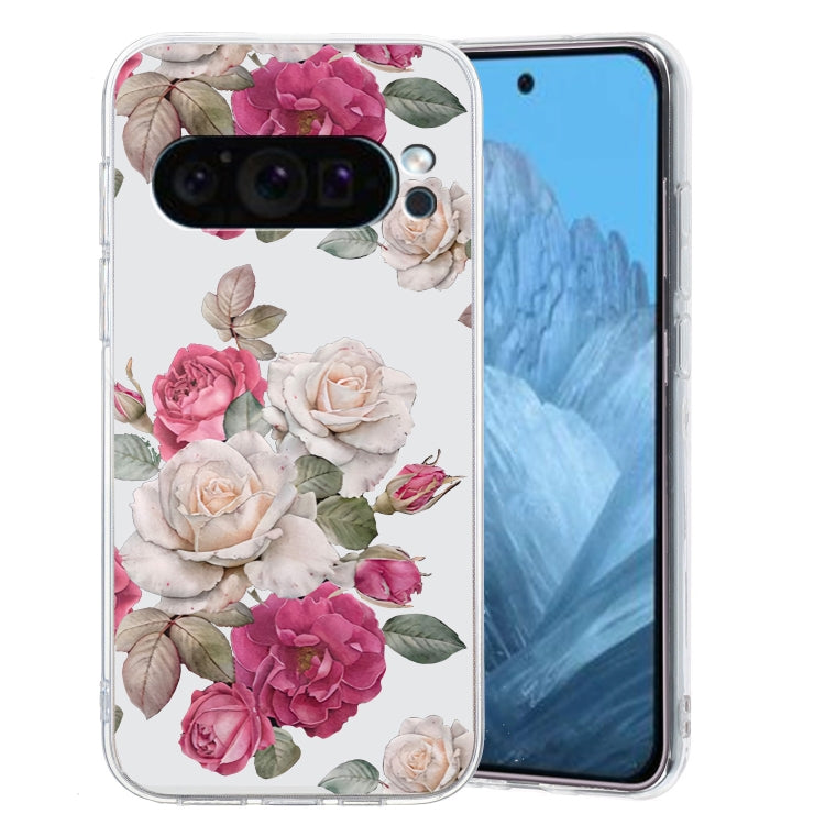 For Google Pixel 9 Pro Colored Drawing Pattern Transparent TPU Phone Case(Peony)