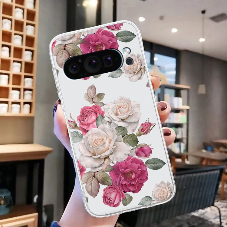 For Google Pixel 9 Pro Colored Drawing Pattern Transparent TPU Phone Case(Peony)