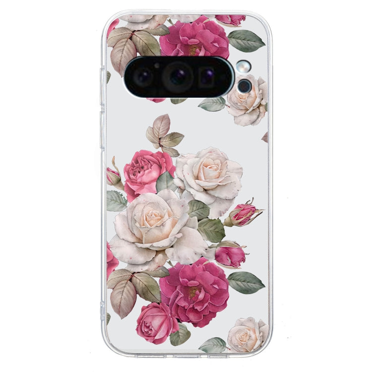 For Google Pixel 9 Pro Colored Drawing Pattern Transparent TPU Phone Case(Peony)
