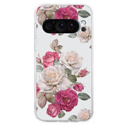 For Google Pixel 9 Pro Colored Drawing Pattern Transparent TPU Phone Case(Peony)