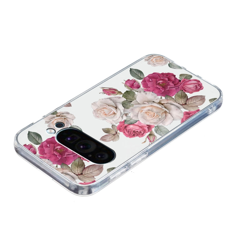 For Google Pixel 9 Pro Colored Drawing Pattern Transparent TPU Phone Case(Peony)