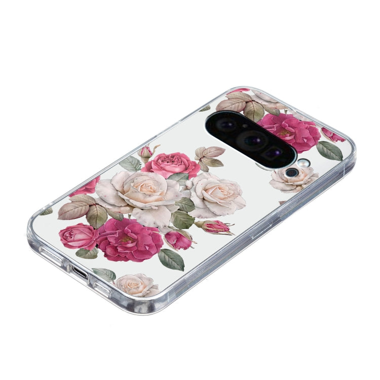 For Google Pixel 9 Pro Colored Drawing Pattern Transparent TPU Phone Case(Peony)