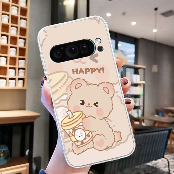 For Google Pixel 9 Pro Colored Drawing Pattern Transparent TPU Phone Case(Bear)