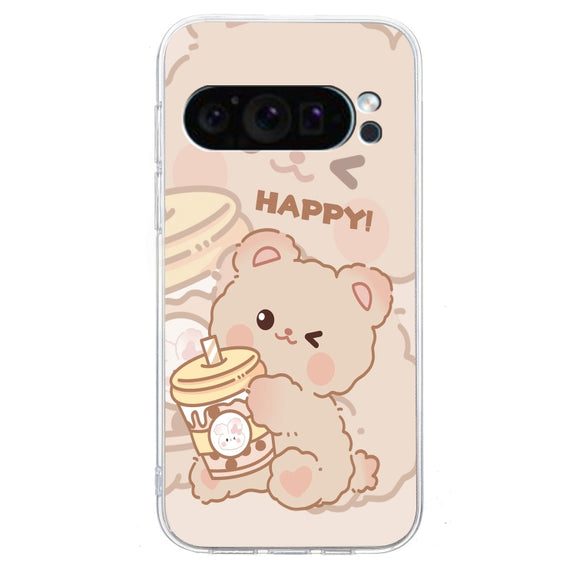 For Google Pixel 9 Pro Colored Drawing Pattern Transparent TPU Phone Case(Bear)