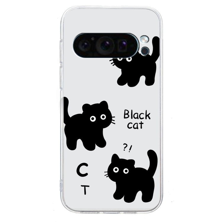 For Google Pixel 9 Pro Colored Drawing Pattern Transparent TPU Phone Case(Black Cat)