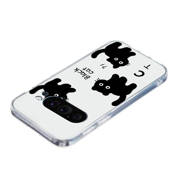 For Google Pixel 9 Pro Colored Drawing Pattern Transparent TPU Phone Case(Black Cat)