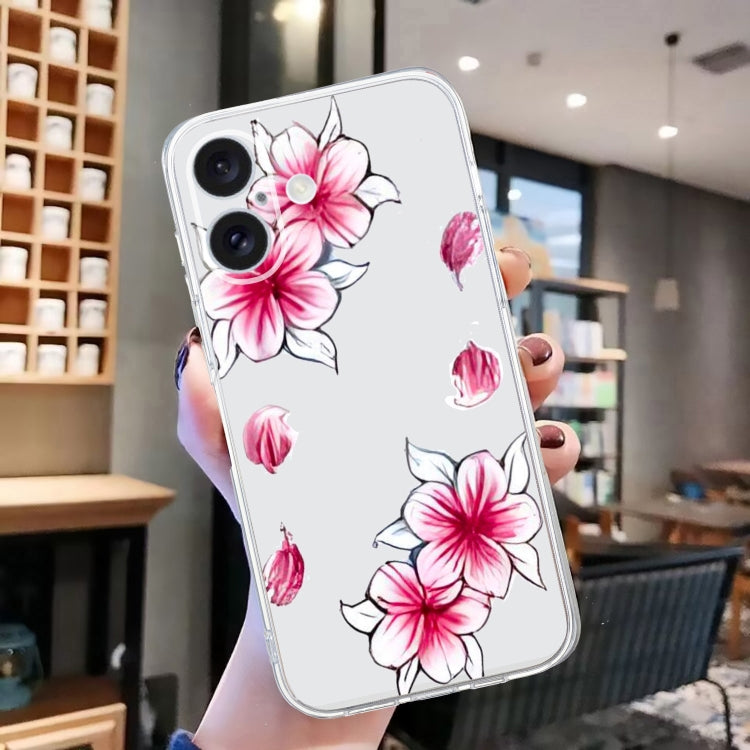 For iPhone 16 Colored Drawing Pattern Transparent TPU Phone Case(Sakura)