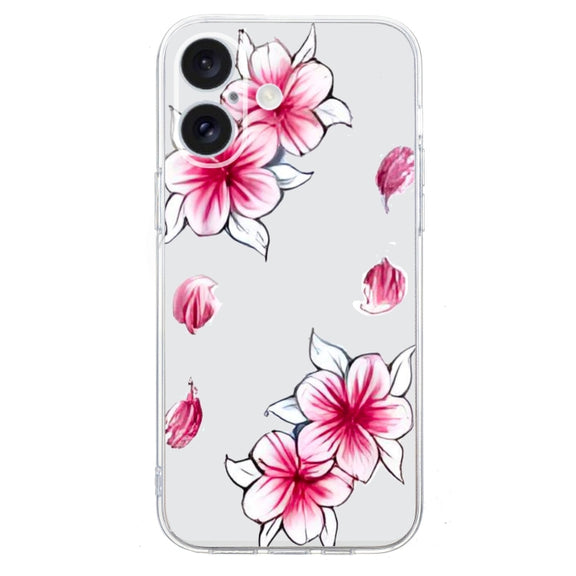 For iPhone 16 Colored Drawing Pattern Transparent TPU Phone Case(Sakura)
