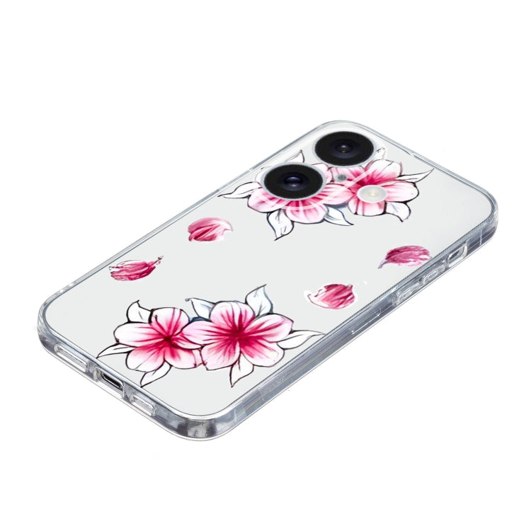 For iPhone 16 Colored Drawing Pattern Transparent TPU Phone Case(Sakura)