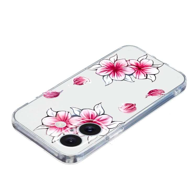 For iPhone 16 Colored Drawing Pattern Transparent TPU Phone Case(Sakura)