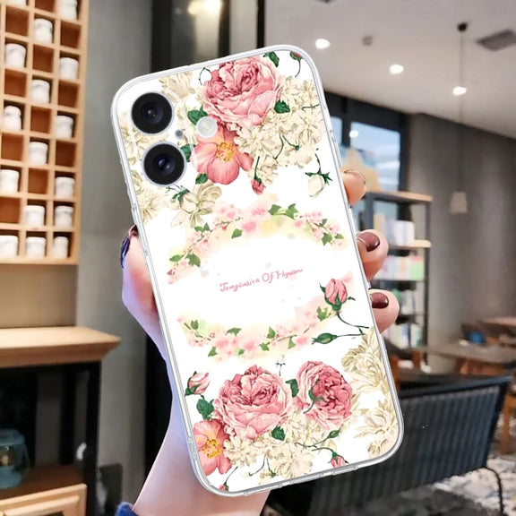 For iPhone 16 Colored Drawing Pattern Transparent TPU Phone Case(Rose)