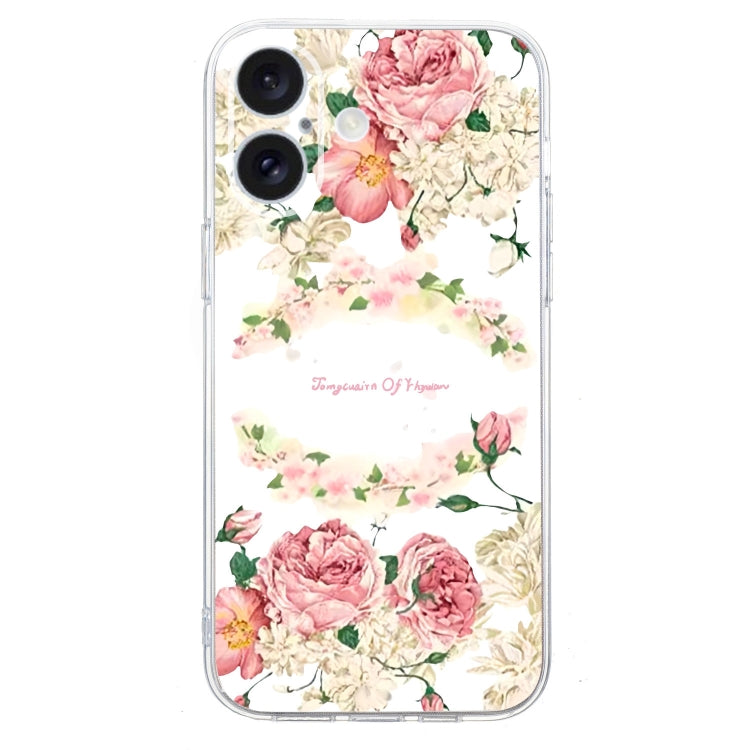For iPhone 16 Colored Drawing Pattern Transparent TPU Phone Case(Rose)