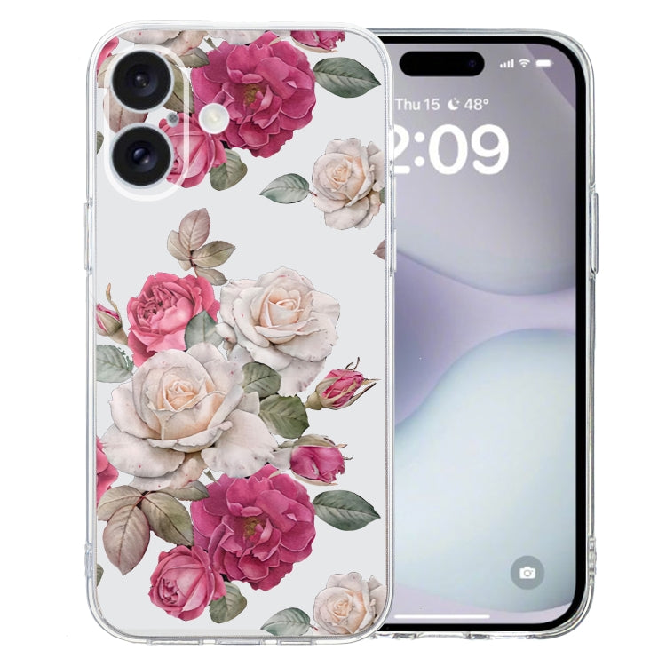 For iPhone 16 Colored Drawing Pattern Transparent TPU Phone Case(Peony)
