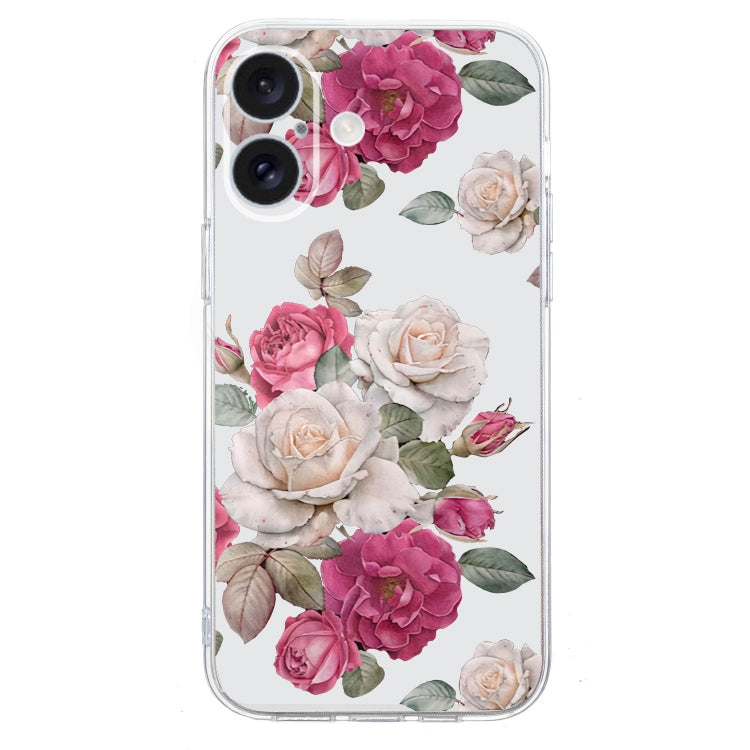For iPhone 16 Colored Drawing Pattern Transparent TPU Phone Case(Peony)