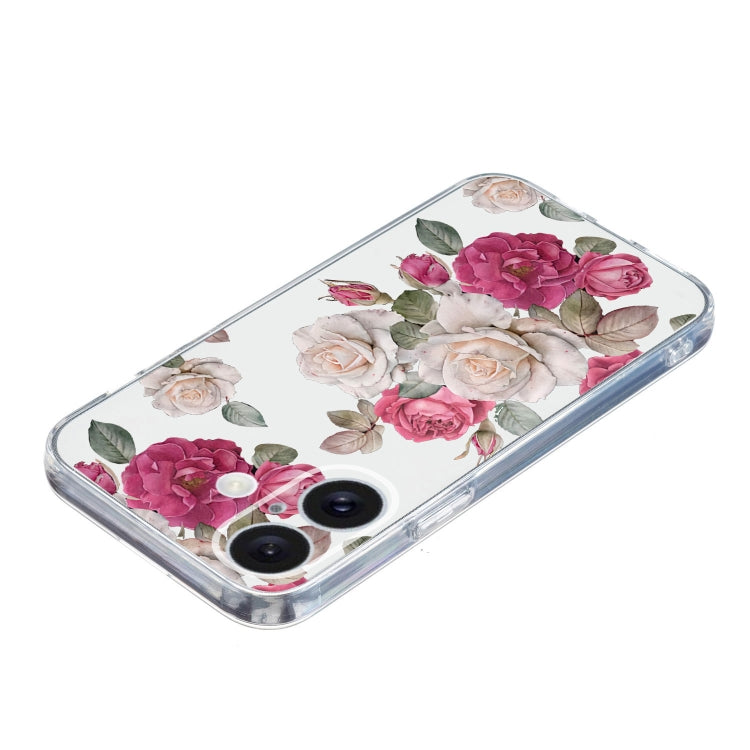 For iPhone 16 Colored Drawing Pattern Transparent TPU Phone Case(Peony)