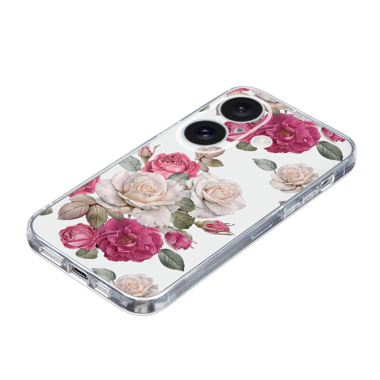 For iPhone 16 Colored Drawing Pattern Transparent TPU Phone Case(Peony)