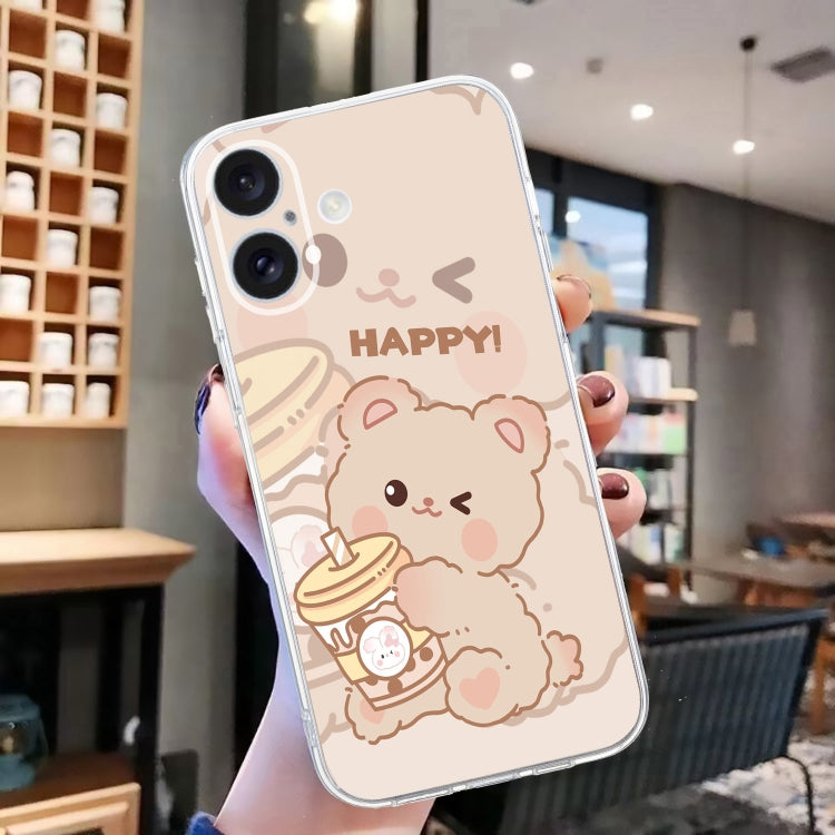 For iPhone 16 Colored Drawing Pattern Transparent TPU Phone Case(Bear)