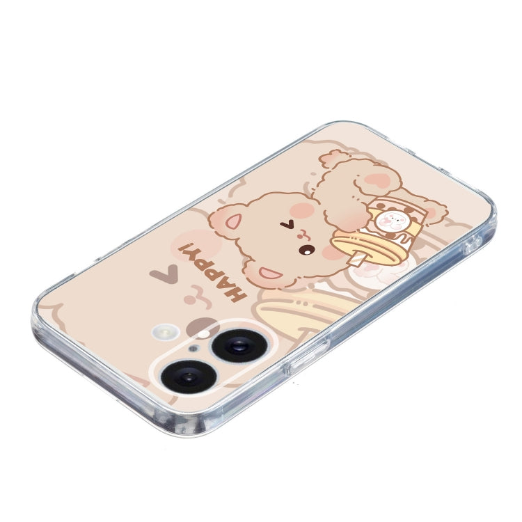 For iPhone 16 Colored Drawing Pattern Transparent TPU Phone Case(Bear)