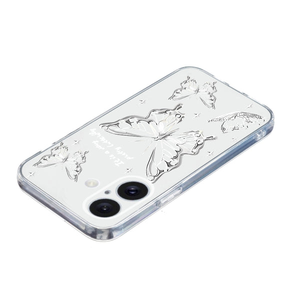 For iPhone 16 Colored Drawing Pattern Transparent TPU Phone Case(Butterflies)