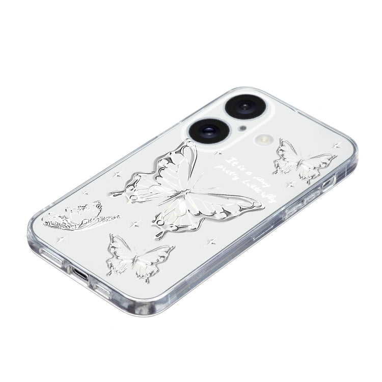 For iPhone 16 Colored Drawing Pattern Transparent TPU Phone Case(Butterflies)
