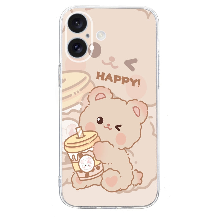 For iPhone 16 Plus Colored Drawing Pattern Transparent TPU Phone Case(Bear)