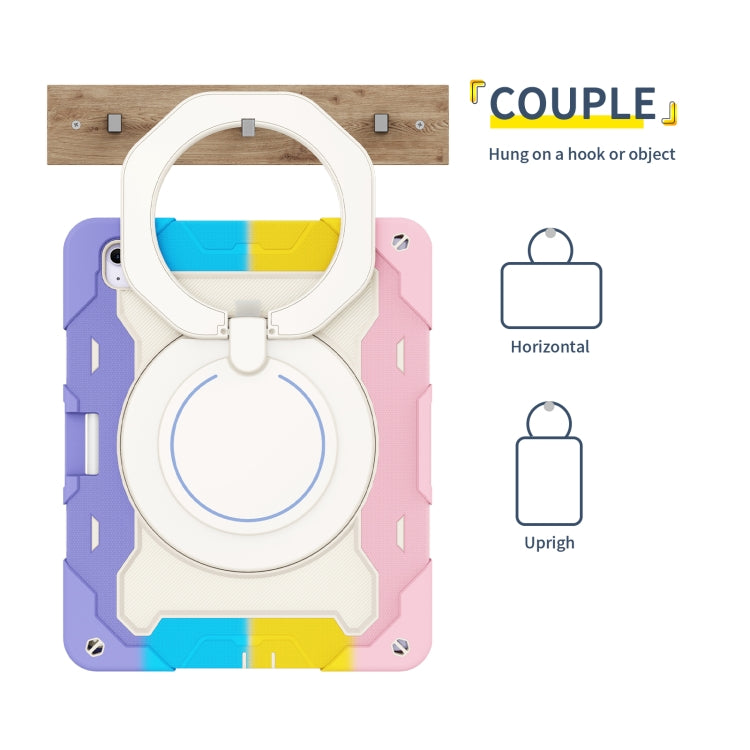 For iPad Air 13 2024 / 2025 Armor Portable Rotating Ring Holder Silicone Tablet Case with Pen Slot(Colorful Pink)