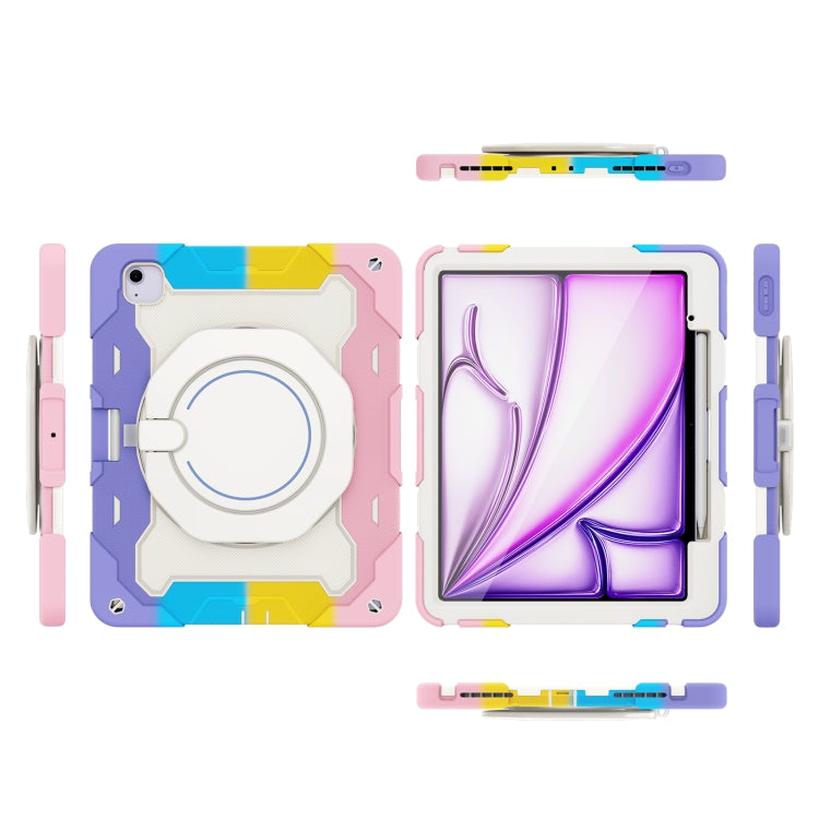 For iPad Air 13 2024 / 2025 Armor Portable Rotating Ring Holder Silicone Tablet Case with Pen Slot(Colorful Pink)