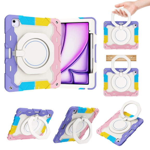For iPad Air 13 2024 / 2025 Armor Portable Rotating Ring Holder Silicone Tablet Case with Pen Slot(Colorful Pink)