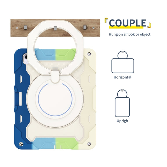For iPad Air 13 2024 Armor Portable Rotating Ring Holder Silicone Tablet Case with Pen Slot(Colorful Blue)