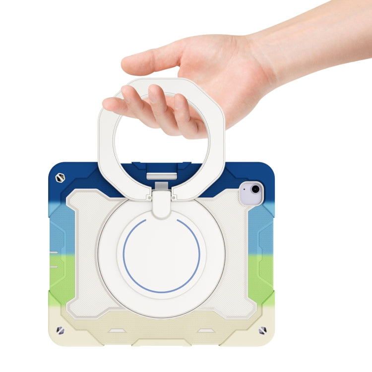 For iPad Air 13 2024 Armor Portable Rotating Ring Holder Silicone Tablet Case with Pen Slot(Colorful Blue)