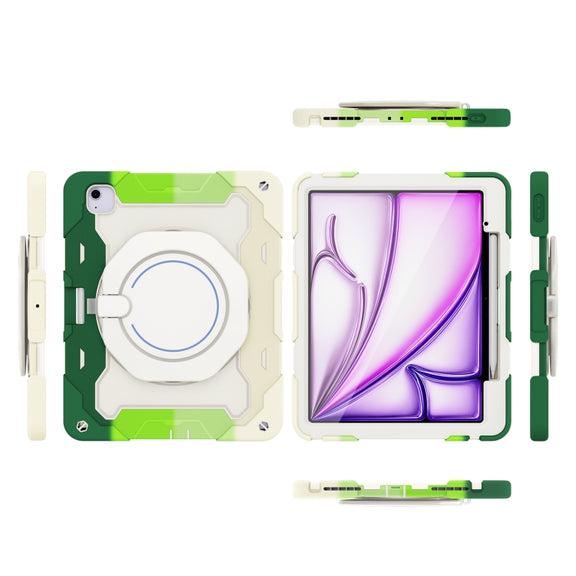 For iPad Air 13 2024 / 2025 Armor Portable Rotating Ring Holder Silicone Tablet Case with Pen Slot(Colorful Green)