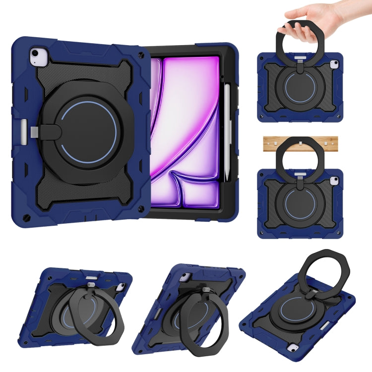 For iPad Air 13 2024 / 2025 Armor Portable Rotating Ring Holder Silicone Tablet Case with Pen Slot(Navy Blue)