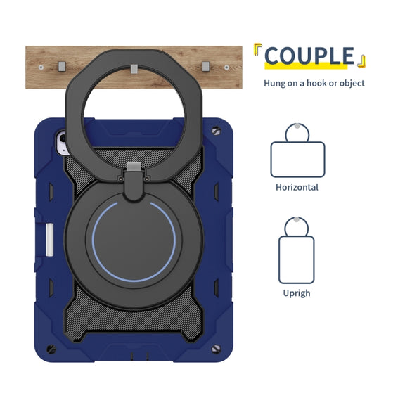 For iPad Air 13 2024 / 2025 Armor Portable Rotating Ring Holder Silicone Tablet Case with Pen Slot(Navy Blue)