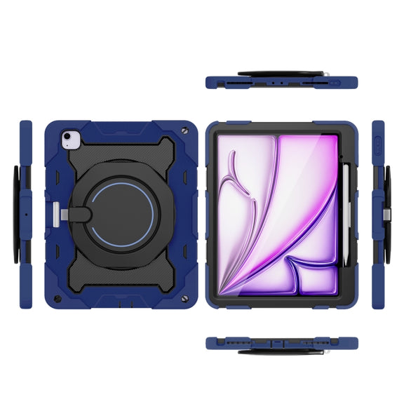 For iPad Air 13 2024 / 2025 Armor Portable Rotating Ring Holder Silicone Tablet Case with Pen Slot(Navy Blue)