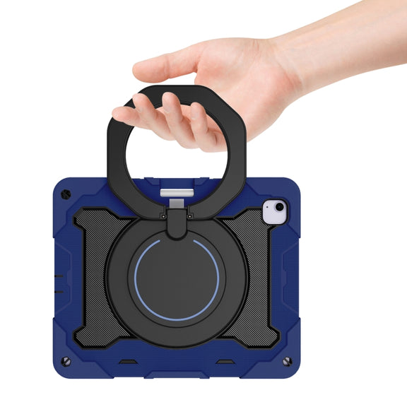 For iPad Air 13 2024 / 2025 Armor Portable Rotating Ring Holder Silicone Tablet Case with Pen Slot(Navy Blue)
