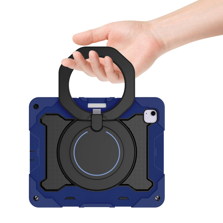 For iPad Air 13 2024 / 2025 Armor Portable Rotating Ring Holder Silicone Tablet Case with Pen Slot(Navy Blue)