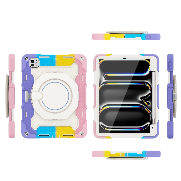 For iPad Pro 11 2024 Armor Portable Rotating Ring Holder Silicone Tablet Case with Pen Slot(Colorful Pink)