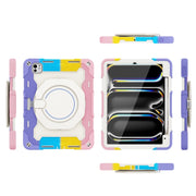 For iPad Pro 11 2024 Armor Portable Rotating Ring Holder Silicone Tablet Case with Pen Slot(Colorful Pink)