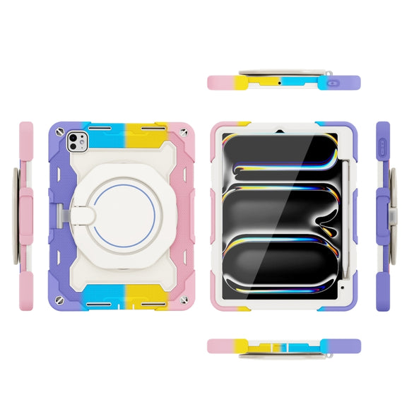 For iPad Pro 11 2024 Armor Portable Rotating Ring Holder Silicone Tablet Case with Pen Slot(Colorful Pink)