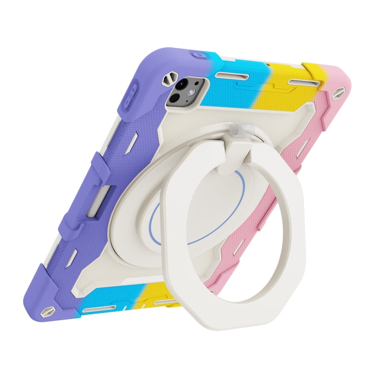 For iPad Pro 11 2024 Armor Portable Rotating Ring Holder Silicone Tablet Case with Pen Slot(Colorful Pink)