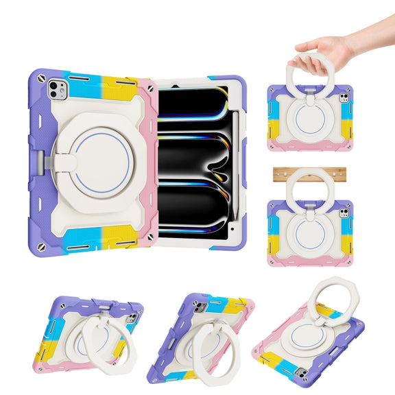 For iPad Pro 11 2024 Armor Portable Rotating Ring Holder Silicone Tablet Case with Pen Slot(Colorful Pink)