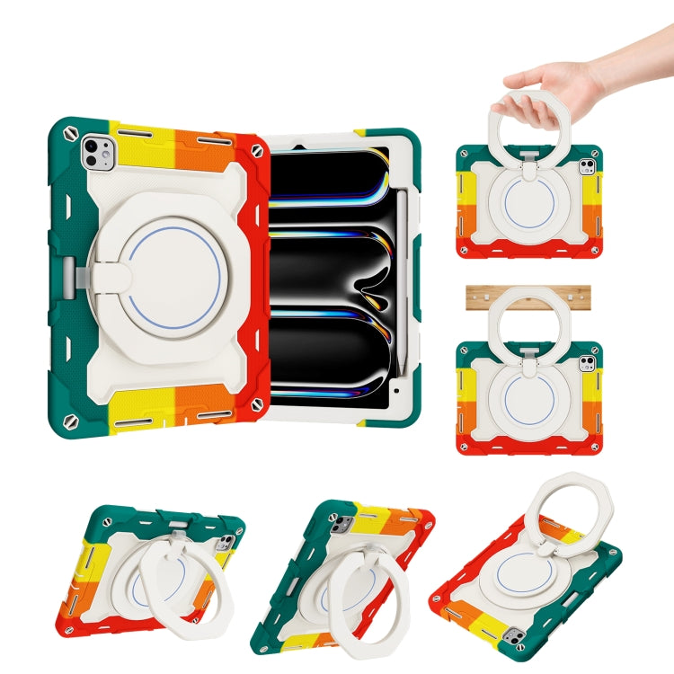 For iPad Pro 11 2024 Armor Portable Rotating Ring Holder Silicone Tablet Case with Pen Slot(Colorful Red)