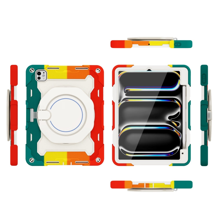 For iPad Pro 11 2024 Armor Portable Rotating Ring Holder Silicone Tablet Case with Pen Slot(Colorful Red)